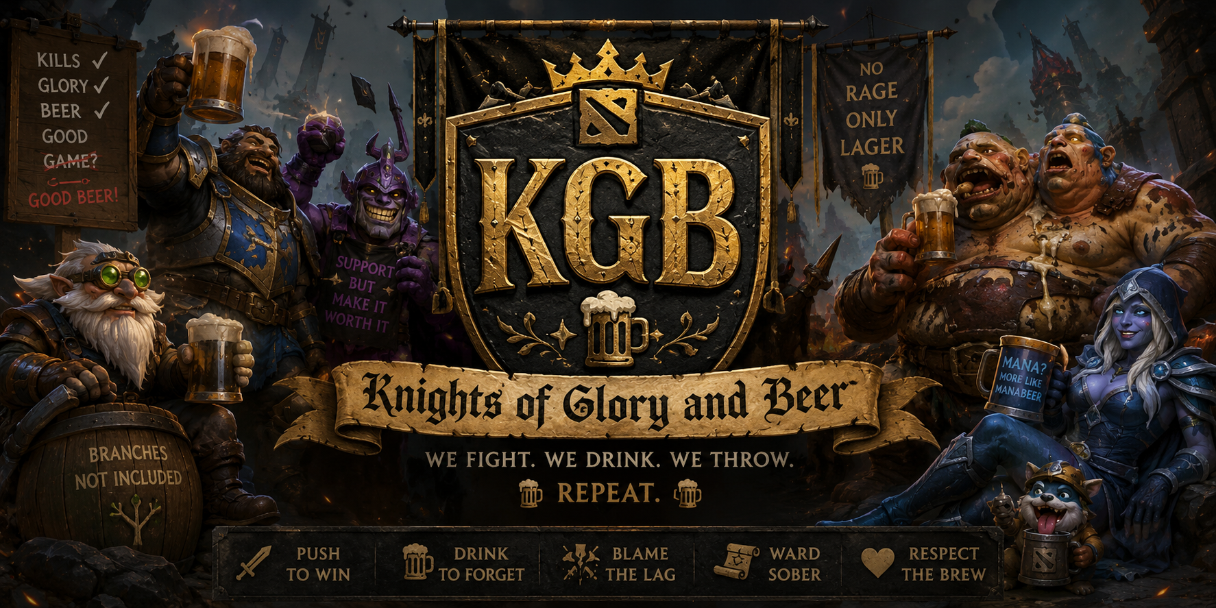Knights of Glory and Beer — the guild assembled with tankards raised